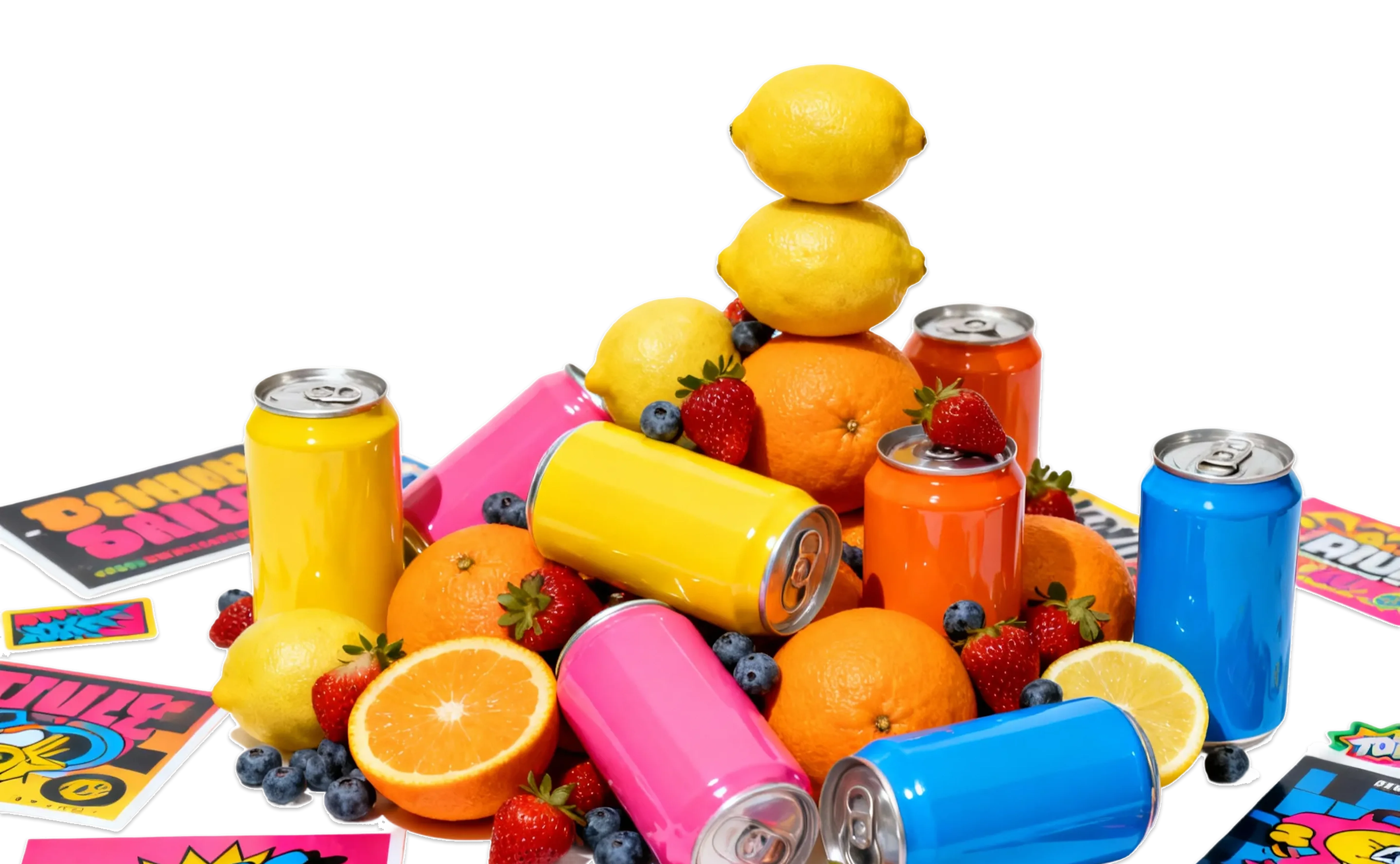 Colorful cans of soda surrounded by fresh citrus fruits, strawberries, blueberries, and promotional cards.